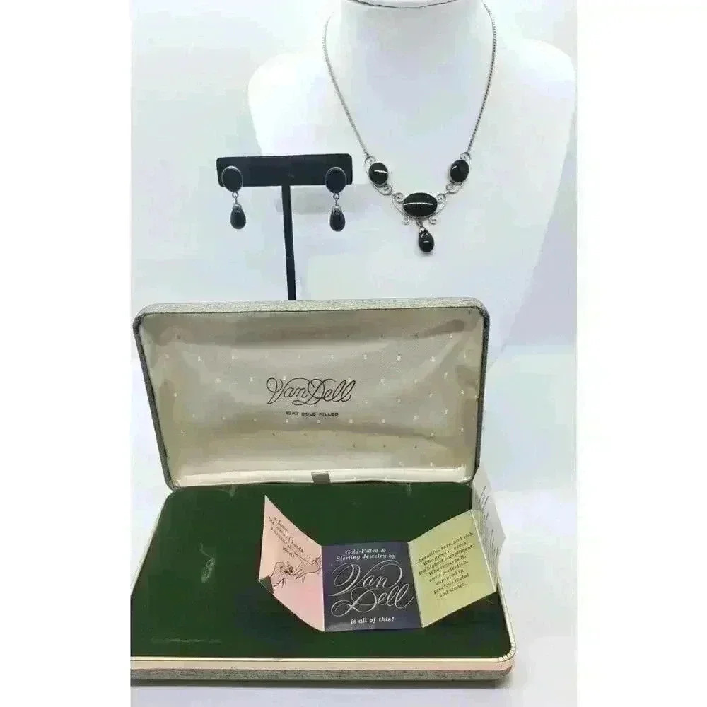 Vintage 12k Gold Filled Onyx Necklace Earrings Set Orig Box Nos Van Dell 85$